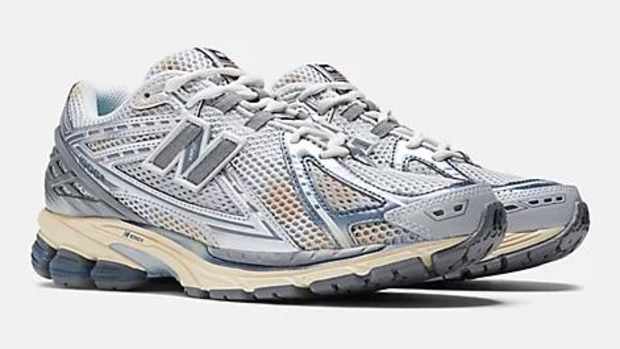 View of silver New Balance 1906R shoes.